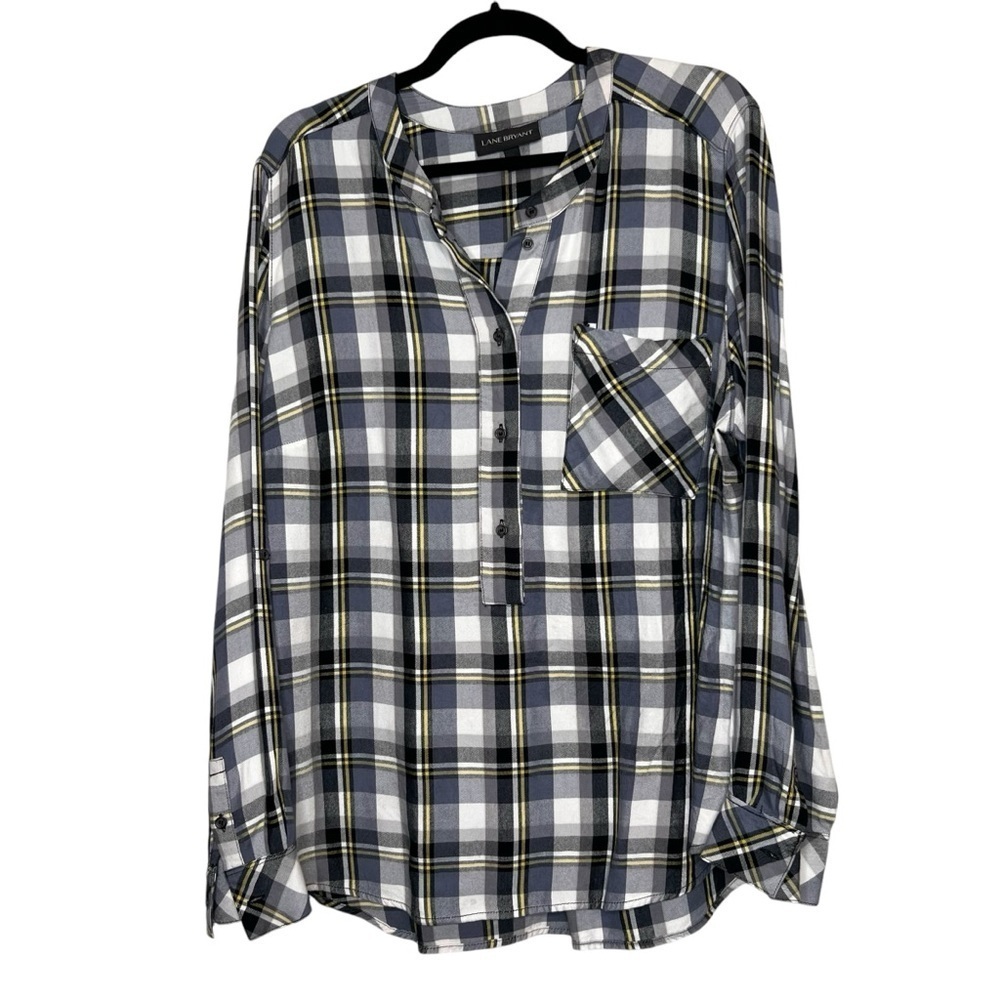 Lane Bryant Womens Black Yellow Plaid Pullover Top Long Sleeve Plus Size 18